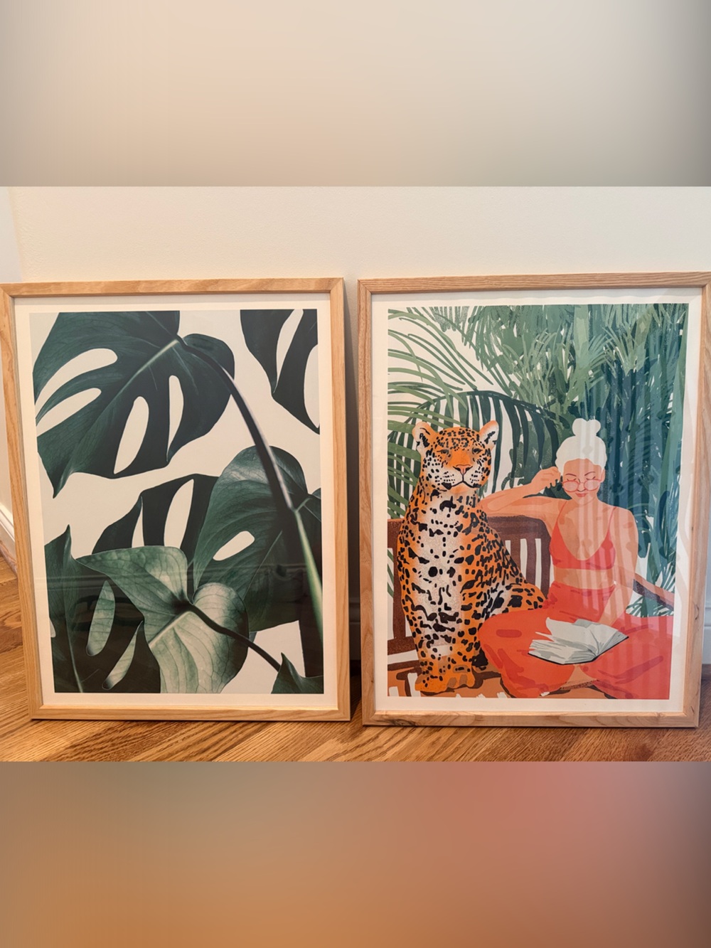 Framed Tropical Monstera and Leopard Wall Art Set - Green & Orange